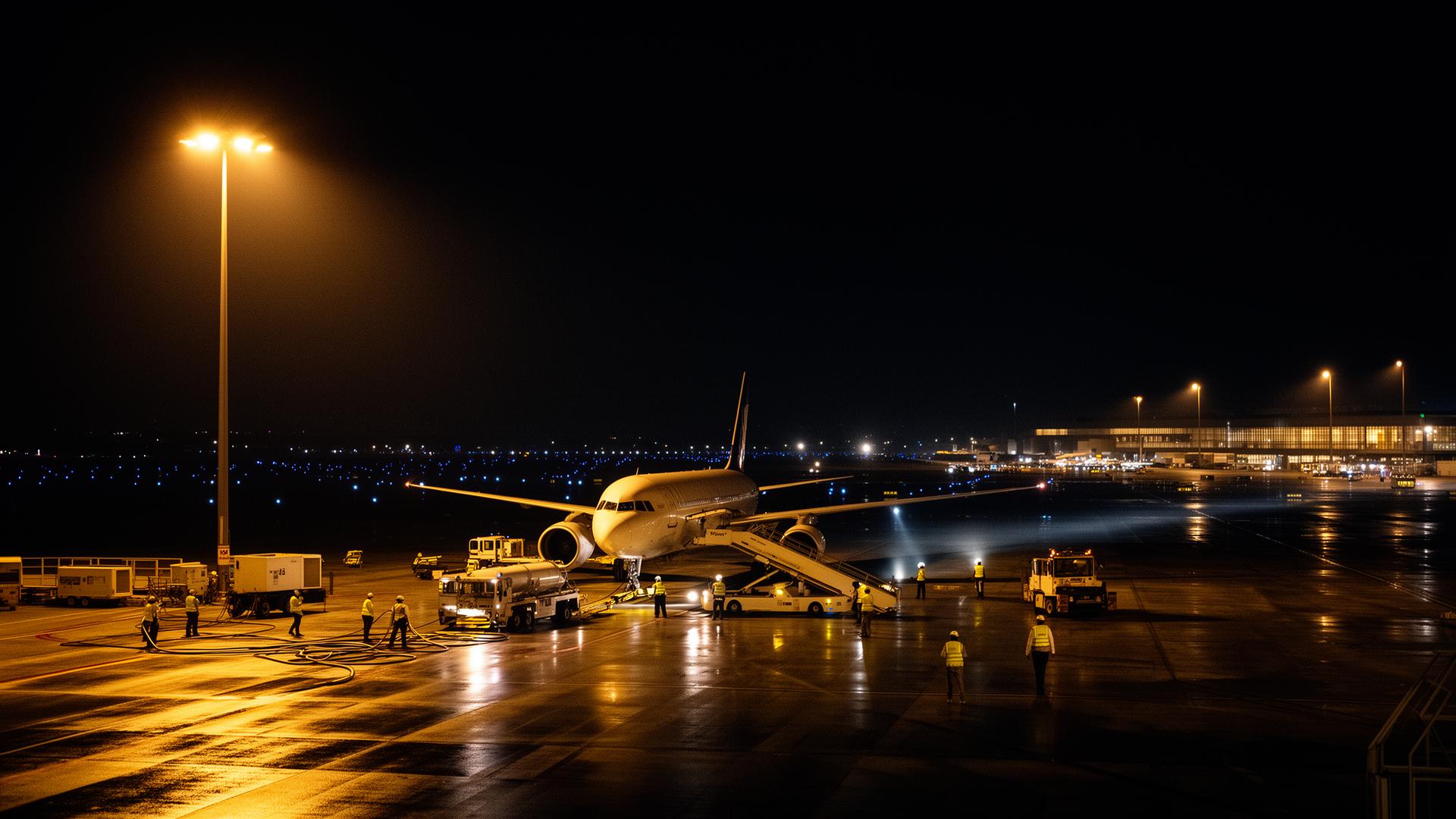 Aircraft on apron at twilight with ground service equipment and ramp crew