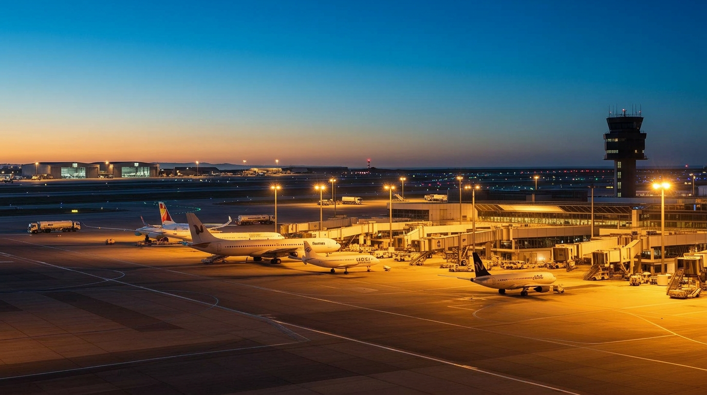 Lisbon Airport apron at dusk with mixed fleet, 25 de Abril Bridge and Cristo Rei in the background