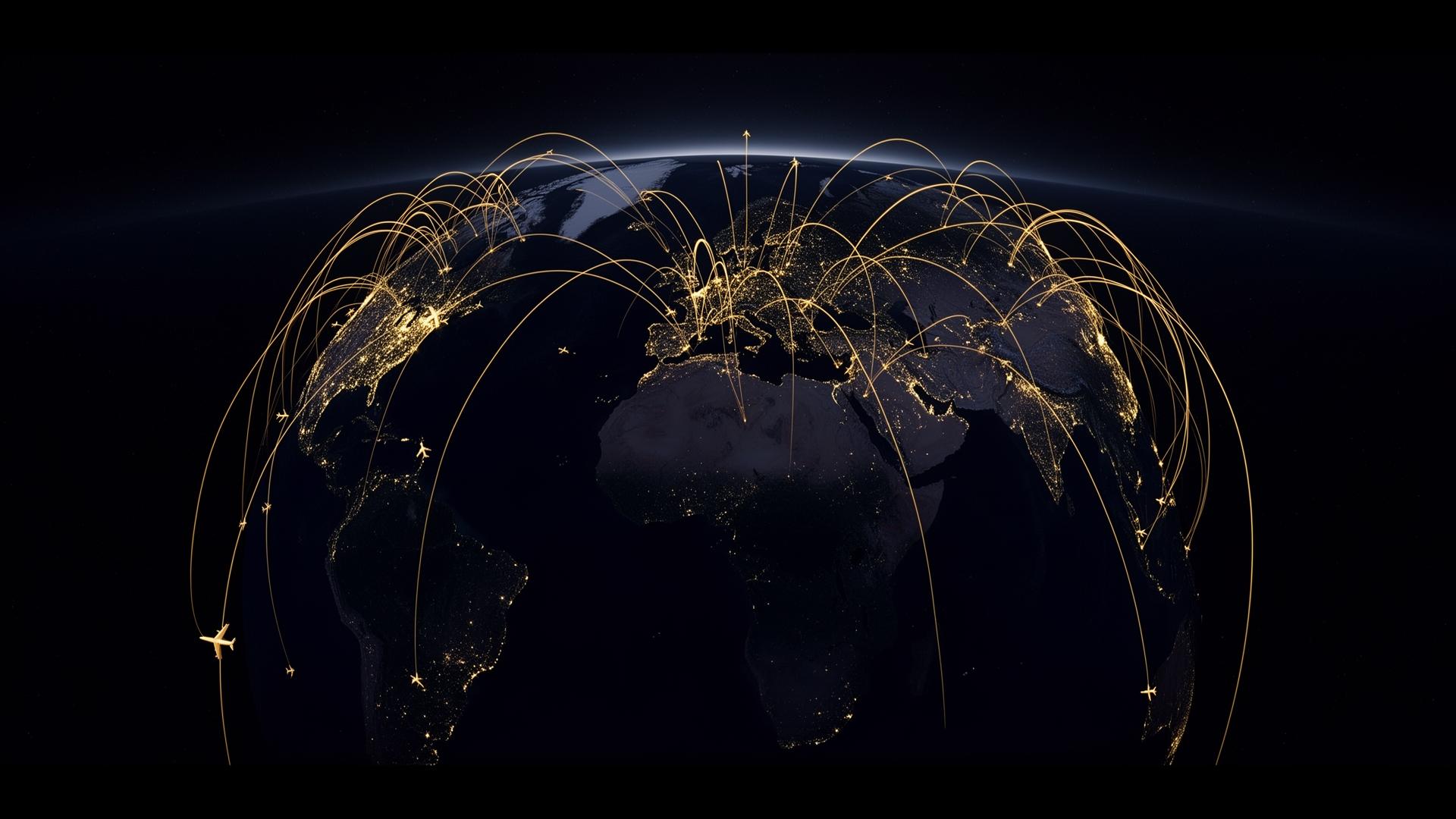 Earth at night with glowing golden flight routes connecting continents